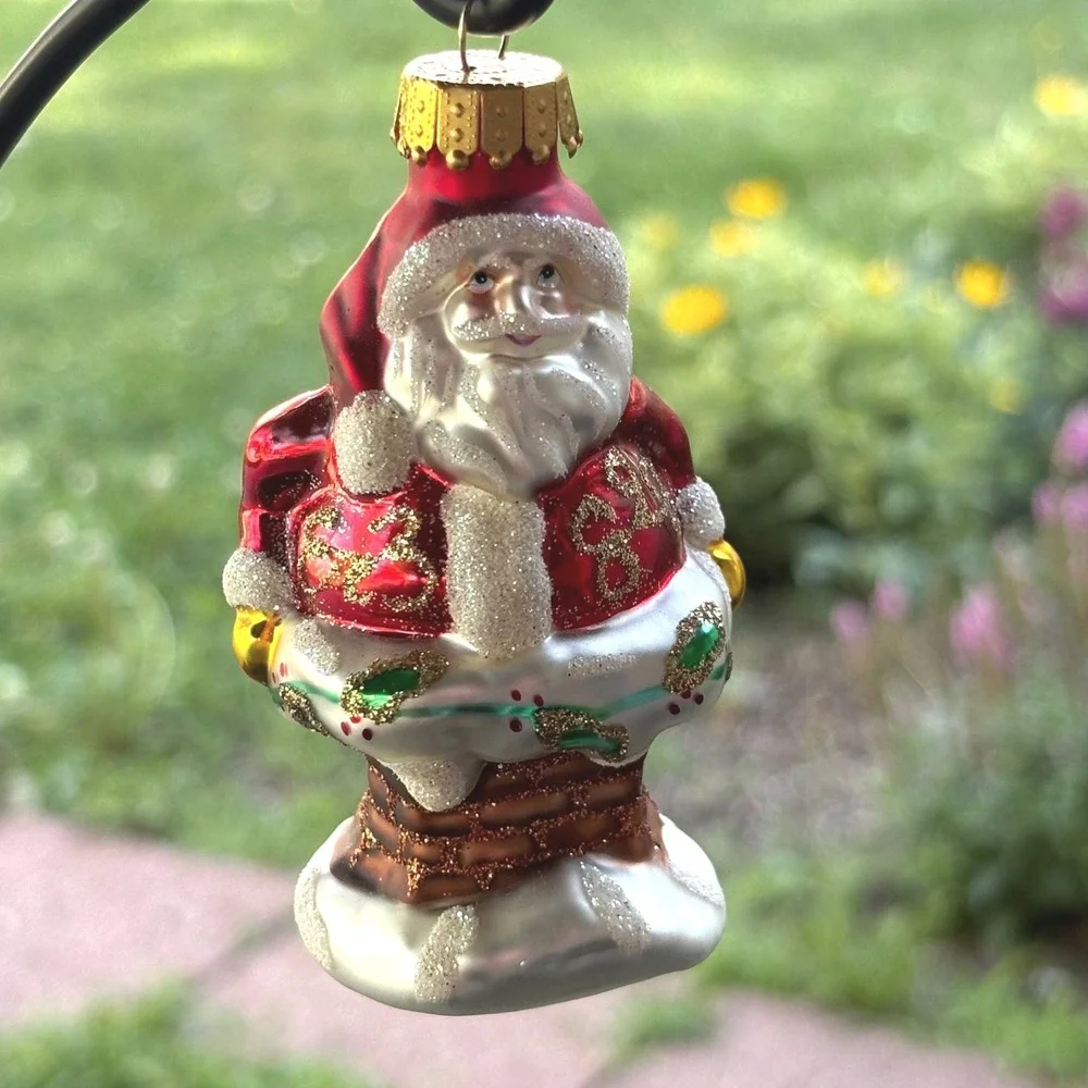 Vintage Style Blown Glass Santa in Chimney Christmas Ornament